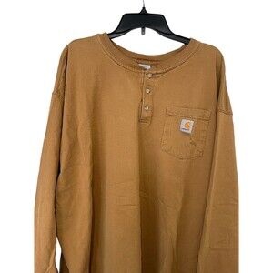 Carhartt Mens Henley Long Sleeve Pocket T Shirt Size 3XL Logo Tan WorkWear